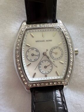 Michael Kors White Dial Crystal-Trim Silver-Tone Watch with Black Strap